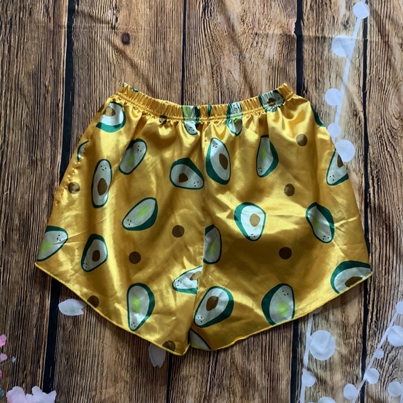 Two Piece Yellow Satin Avocado Print Shortie Pajama Set - Picture 8 of 11